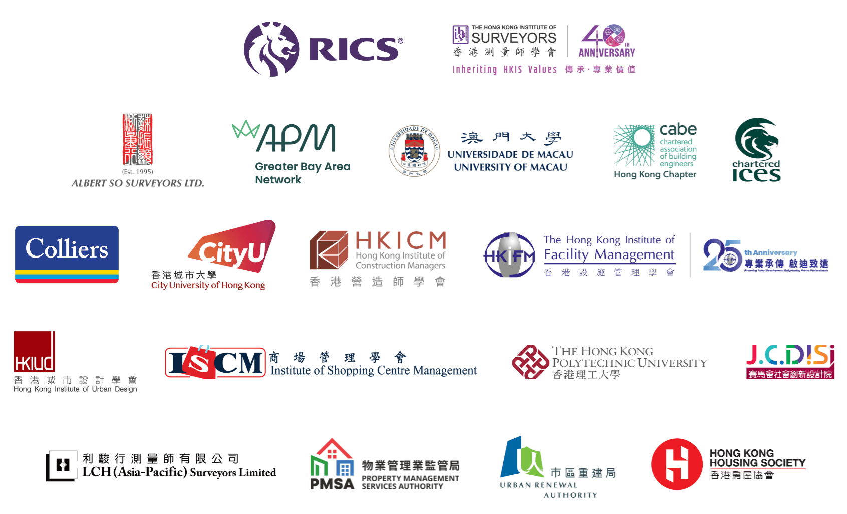 Sponsor and supporting organisation logos RICS HKIS CABE CICES Colliers CityU HKICM HKIFM HKIUD ISCM PolyU JCDISI LCH (Asia-Pacific) Surveyors Limited PMSA Urban Renewal Authority Hong Kong Housing Society